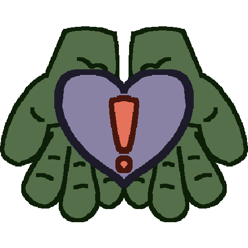 A drawing of two green hands with their palms facing up, extended to the viewer. In the hands is a purple hart with a red exclamation mark.